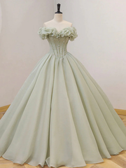 Off the Shoulder Green Tulle Beaded Prom Dresses P2204