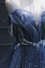 A line Royal Blue Tulle Beaded Long Senior Prom Dress P2206