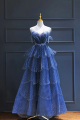 A line Royal Blue Tulle Beaded Long Senior Prom Dress P2206