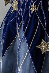 Elegant Navy Blue Spaghetti Strap Long Prom Dress with Star P2228