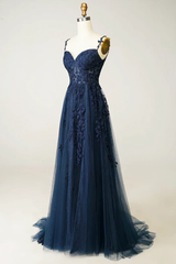 Beautiful A line Spaghetti Straps Navy Blue Lace Prom Dresses Formal Dress P2229