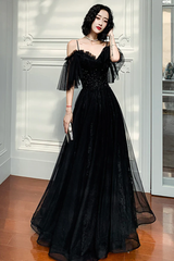Beautiful Black Off the Shoulder Evening Dress Prom Dresses P2230