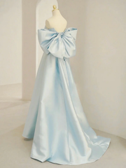 Simple A line Off the Shoulder Blue Satin Long Prom Dresses P2235