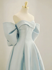 Simple A line Off the Shoulder Blue Satin Long Prom Dresses P2235