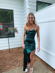 Spaghetti Straps Green Sheath Long Prom Dresses With Slit J2598