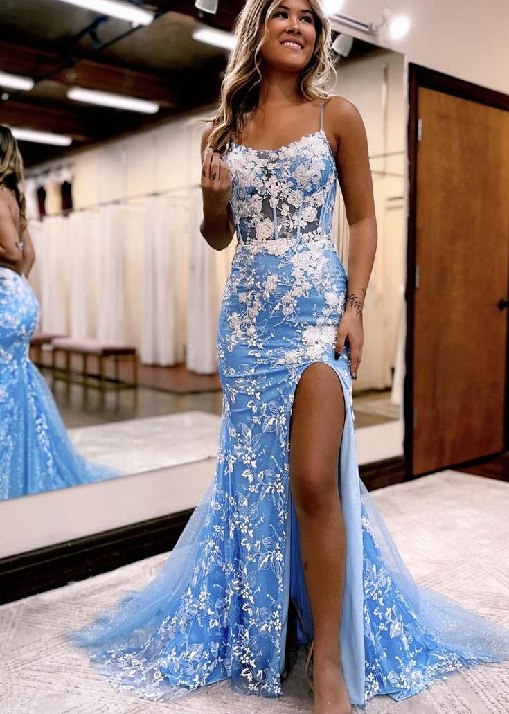 Blue Lace Long Mermaid Prom Dresses With Slit J2596