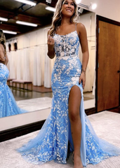 Blue Lace Long Mermaid Prom Dresses With Slit J2596