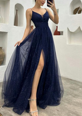 Spaghetti Straps A Line Navy Shiny Tulle Long Prom Dresses With Slit J2695