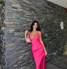 Hot Pink Sheath Long Prom Dresses With Slit J2703
