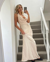 Halter Neck White Sheath Long Prom Dresses J2704
