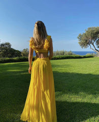 V Neck Yellow A Line Long Prom Dress Chiffon Formal Party Gown J2719