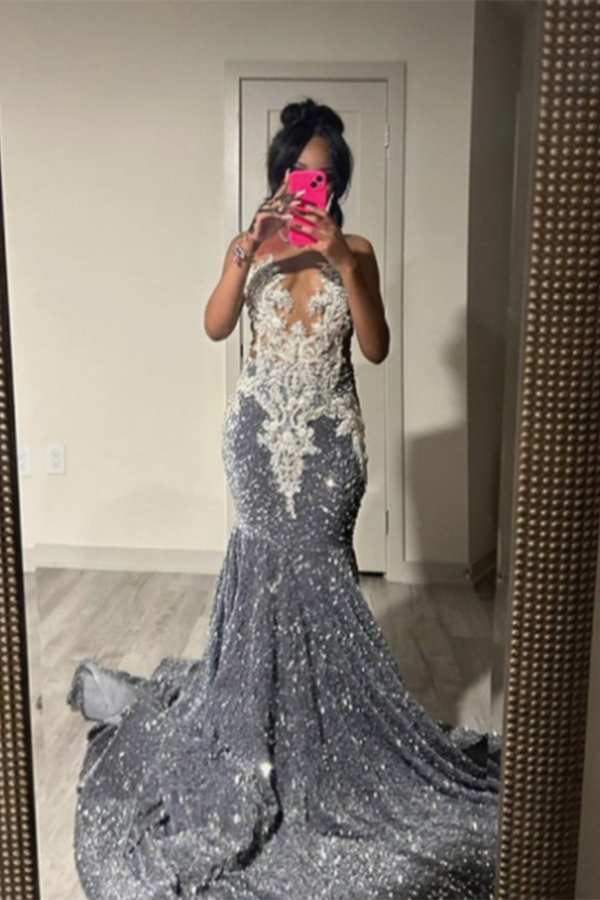 Ballbella Silver Grey Sequins Prom Dress Mermaid With Beads