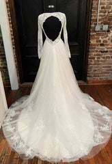 Open Back A-line Tulle/Lace Wedding Dress with Long Sleeves