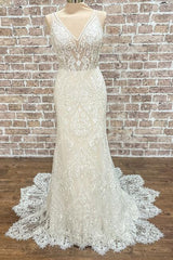 V-Neck Backless Lace Mermaid Wedding Dress