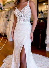 Straps Mermaid Lace Wedding Dress with Skirt Slit