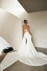 Unique strapless pearl satin pleated bohemian wedding dress
