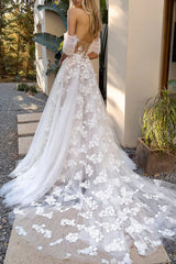 A Line Sweetheart Lace Applique Bohemian Wedding Dress
