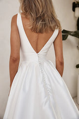 A-line V-neck side slit satin wedding dress bride dress