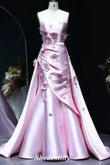Strapless Mermaid Pink 3D Flowers Prom Dress with Train