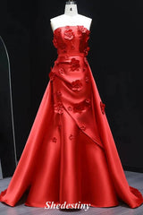 Strapless Mermaid Pink 3D Flowers Prom Dress with Train