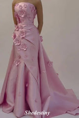 Strapless Mermaid Pink 3D Flowers Prom Dress with Train