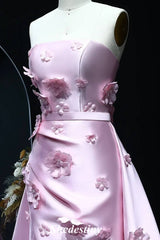 Strapless Mermaid Pink 3D Flowers Prom Dress with Train