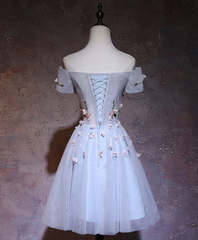 Cute Gray Blue Tulle Short Prom Dress, Off The Shoulder Homecoming Dress SH712