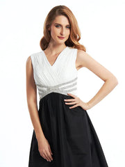 A-Line Mother of the Bride Dress Color Block V Neck Ankle Length Chiffon Taffeta Sleeveless with Criss Cross Beading