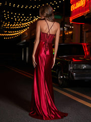 Corset Bodice Mermaid Satin Gown Burgundy