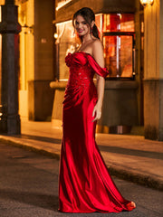 Off-the-shoulder Lace Appliqued Ruched Long Dress Burgundy