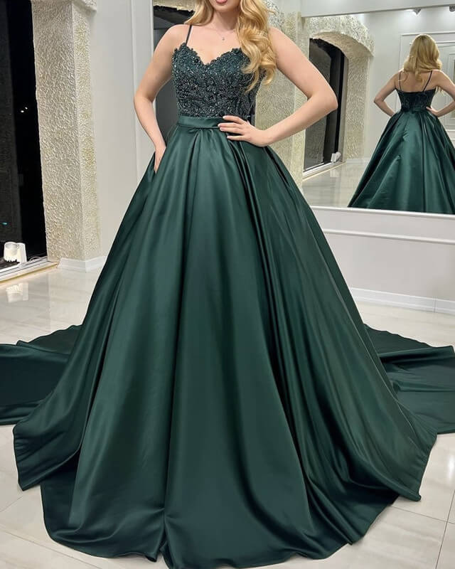 Spaghetti Straps Lace Appliques Sweetheart Satin Ball Gown
