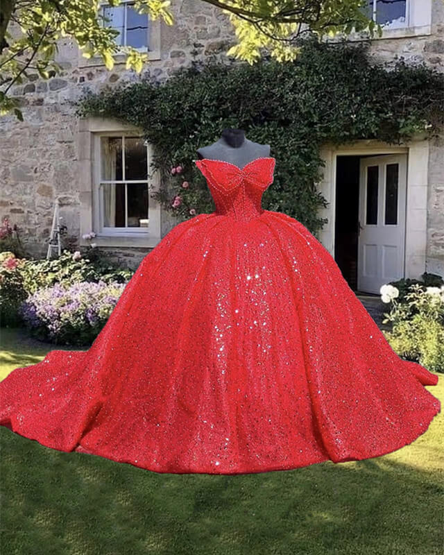 Red Sparkly Ball Gown Dress With Bow