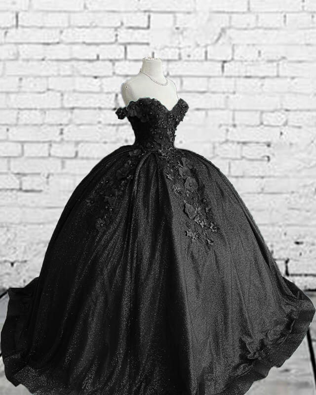 Black Sparkly Ball Gown Dress With 3D Flowers