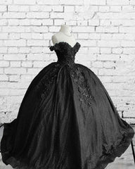 Black Sparkly Ball Gown Dress With 3D Flowers