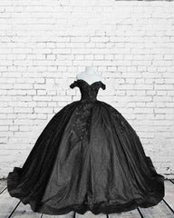 Black Sparkly Ball Gown Dress With 3D Flowers