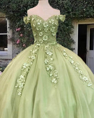 Sage Ball gown 3d Flowers Off The Shoulder Dress