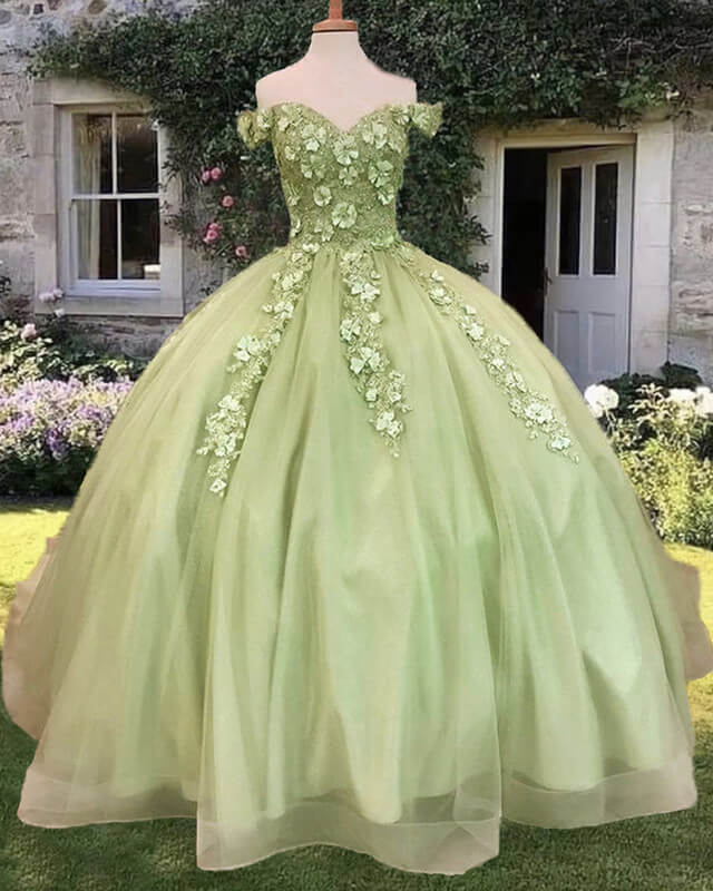 Sage Ball gown 3d Flowers Off The Shoulder Dress