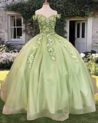 Sage Ball gown 3d Flowers Off The Shoulder Dress