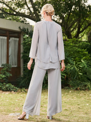 Jewel Neck Long Sleeve Chiffon Top and Pants Set Silver