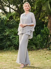 Jewel Neck Long Sleeve Chiffon Top and Pants Set Silver