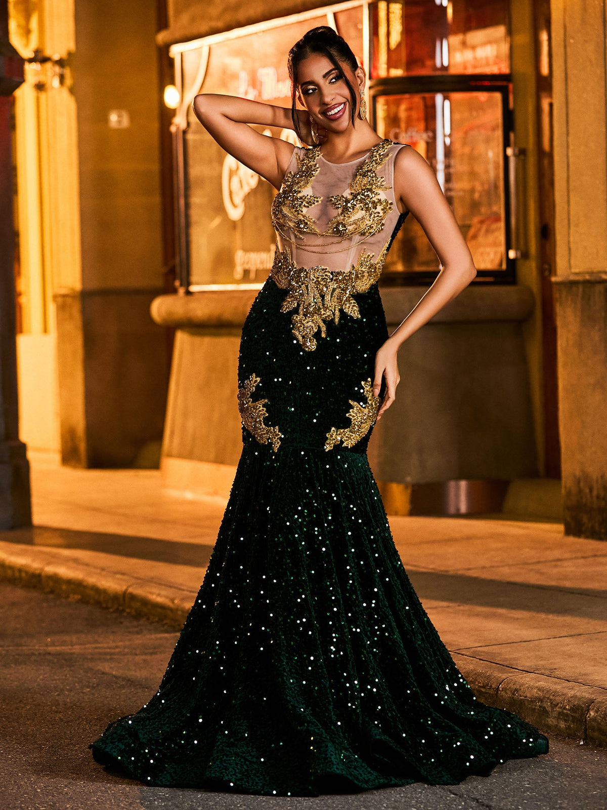 Dazzling Rhinestone-Embellished Mermaid Prom Dress Dark Green