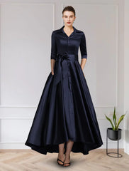 A-Line Mother of the Bride Dress Wedding Guest Elegant High Low Jewel Neck Asymmetrical Chiffon Lace Short Sleeve with Pleats Appliques