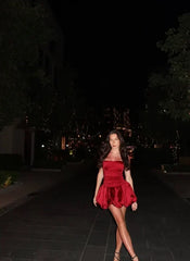 Vintage Burgundy Satin Spaghetti Strap Short A-Line Party Dress Cocktail Dress Homecoming Dress HZ1024