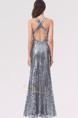 Sequined Sheath/Column V-neck Long Prom Dress with Sequins
