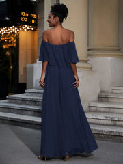Off the Shoulder Ruffles Chiffon Maxi Dress-Dark Navy