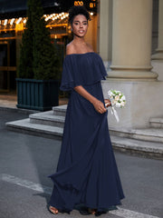 Off the Shoulder Ruffles Chiffon Maxi Dress-Dark Navy