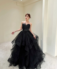 Sweetly Ball Gown Strapless Ball Dresses Ruffle Black Tulle Prom Dress