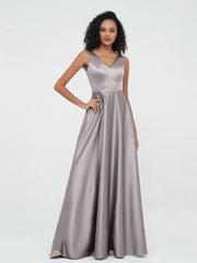 A-line V-neck Max Satin Dresses with Pockets-Silver
