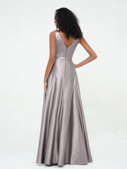 A-line V-neck Max Satin Dresses with Pockets-Silver