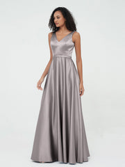 A-line V-neck Max Satin Dresses with Pockets-Silver